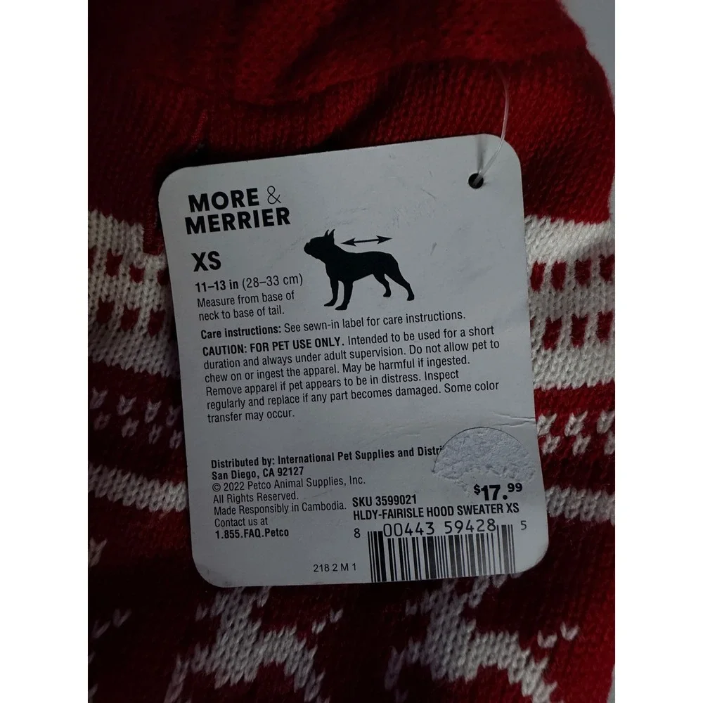 More & Merrier Fair Isle Pet Hoodie XS Red New Holiday Reindeer Dog Sweater